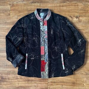 Chicos Womens Black Velvet Asian Design zip jacket embroidered Silk blend Sz 1 M